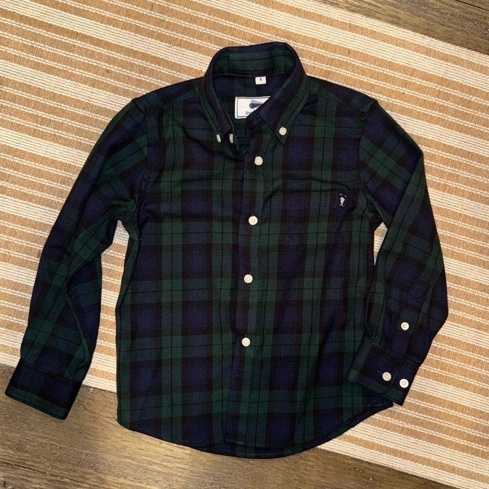 Southern Lure Boys Navy & Green Plaid Woven Button Down Dress Shirt Size 4